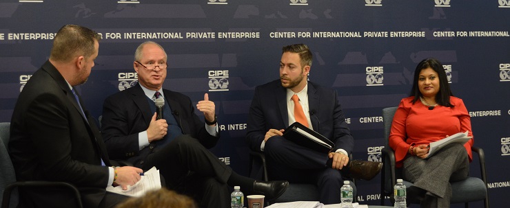 Moderator John Morrell (left) with panelists Worth MacMurray, Jesse Spiro, and Shruti Shah