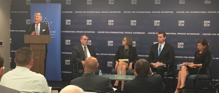 From left to right, CIPE Chairman Greg Levbedev, discussion moderator Andrew Wilson, and panelists Alicia Phillips Mandaville, Chris Moloney, and Beth Tritter