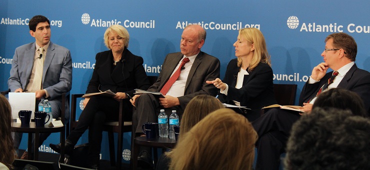 From left: moderator Marc Schleifer, and panelists Sally Painter, Hans Timmer, Heather Conley, and András Lőke. Photo courtesy of the Atlantic Council.